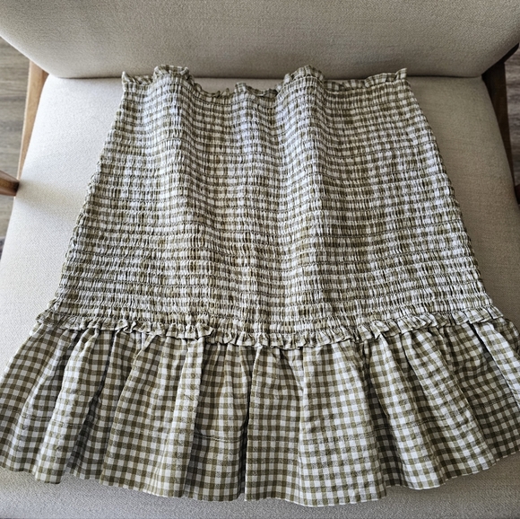 Veronica Beard Aloya Smocked Seersucker Ruffle Skirt Olive White Sz XL NWT